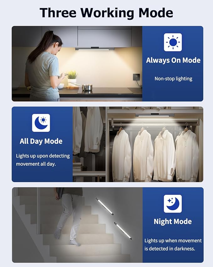 Under Cabinet Lights, 3 Color Dimmable Motion Sensor Light Indoor, 14 Inch Wireless Closet Lights 64 LED with Digital Display, 3600mAh Rechargeable Battery Operated Under Counter Light