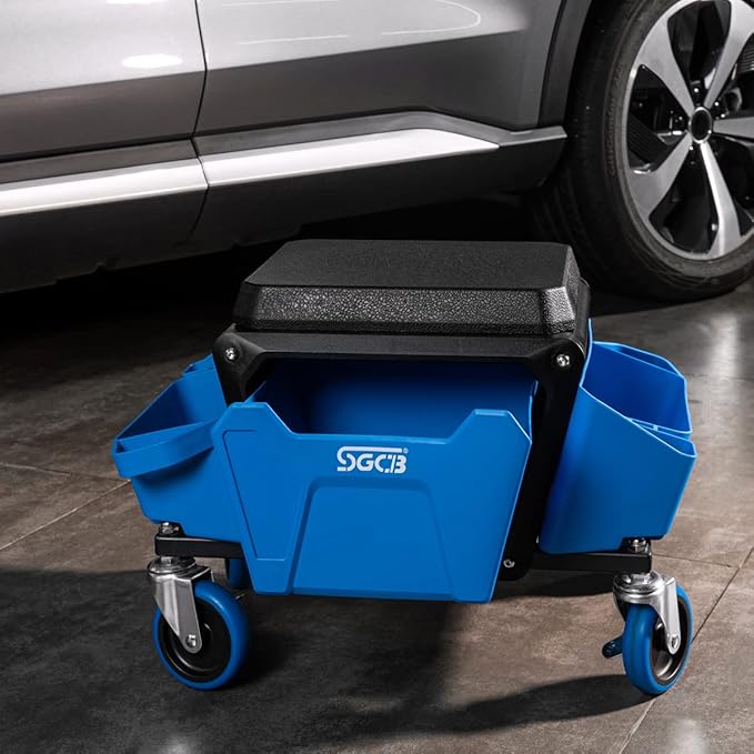 SGCB Automotive Mobile Rolling Mechanics Stool - Heavy Duty Roller Creeper Seat Soft Rubber Cushion Brake Wheels Storage Drawers Tray Roller Seat for Home DIY Garage Car Detail, 330lb Load Bear