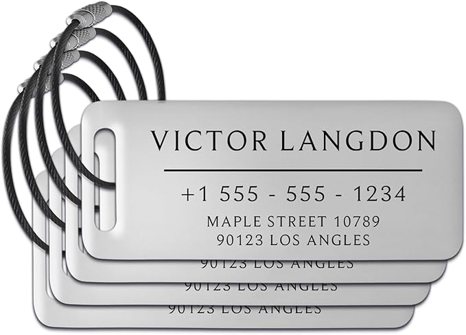 Personalized Luggage Tags for Suitcases 4 Pack - Stainless Steel Custom Luggage Tags for Backpacks & Bags, Sturdy, Waterproof & Heavy Duty (Silver / 3" x 1.25")