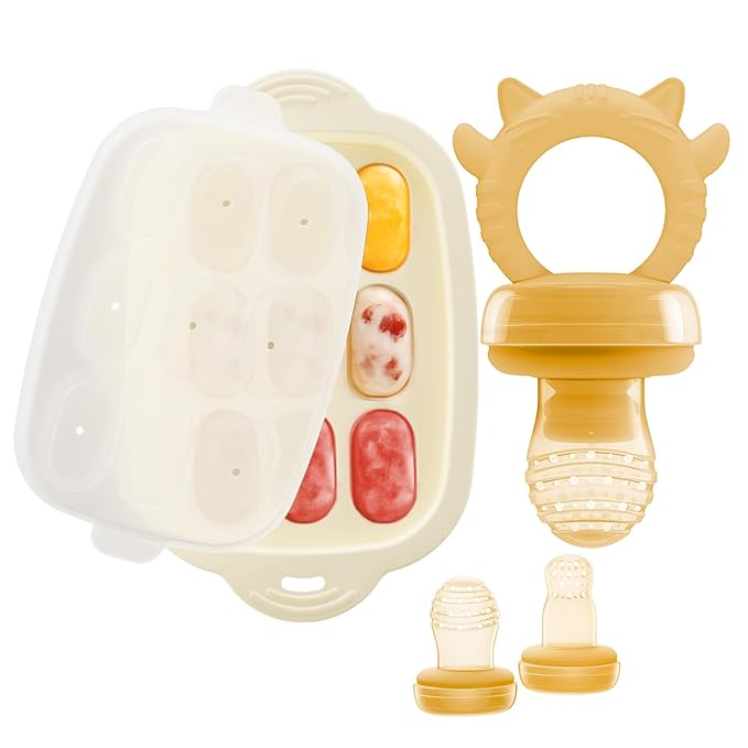 Baby Fruit Feeder with Freezer Tray, Auto-Push Food Feeder Pacifier for 3-6 6-12 18 Months, BPA-Free, Breastmilk Popsicle Mold, Safely Introduce Solids, Fresh + Frozen, 2 Sizes Pounches