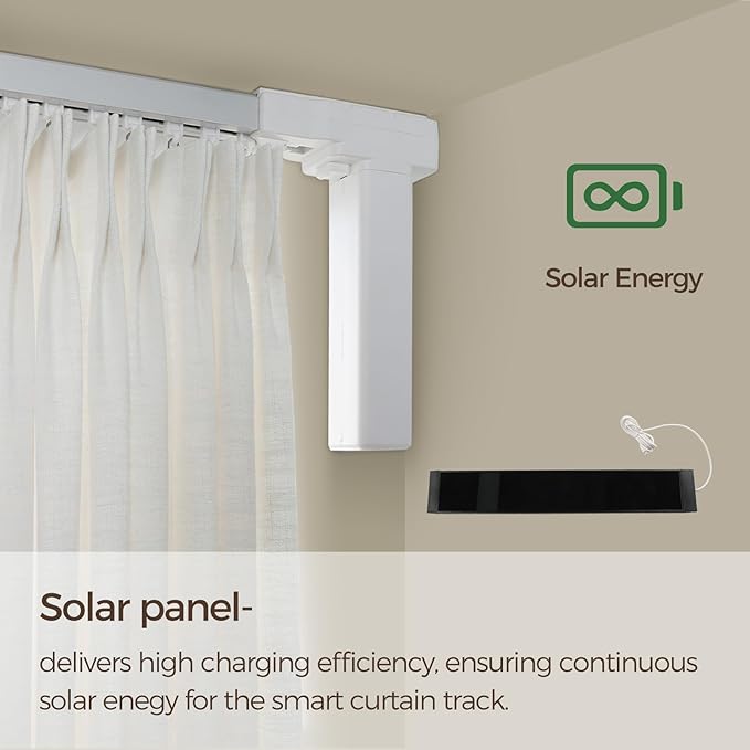 TWOPAGES Solar Powered Smart Curtain Track for Ceiling Mount and Wall Mount, 200 Inches Wide Electric Curtains Rail System Compatible with Google, Alexa App, Remote Control