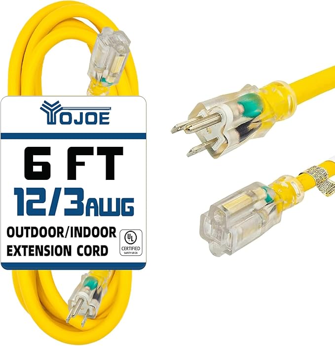 YOJOE Indoor Outdoor Extension Cord with Lighted End, 3 Prong 15A Weatherproof Power Cord, 12 Gauge Heavy Duty 6 ft Yellow Extension Cord for Garage, Garden and Home, 12/3 SJTW UL Listed