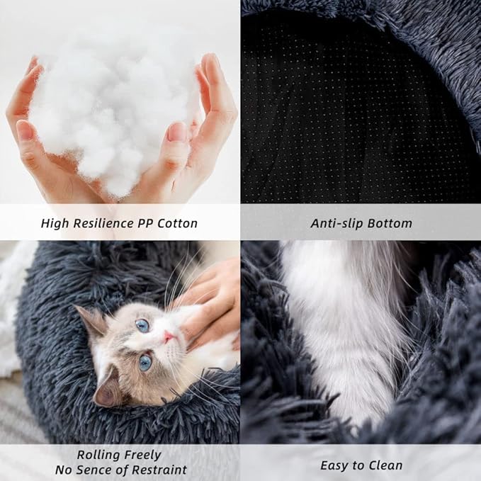 Original Calming Donut Dog and Cat Bed in Shag Fur, Dog Beds for Melium Dogs, Anti Anxiety Round Fluffy Plush Faux Fur Pet Bed (Dark Grey, X-Large)