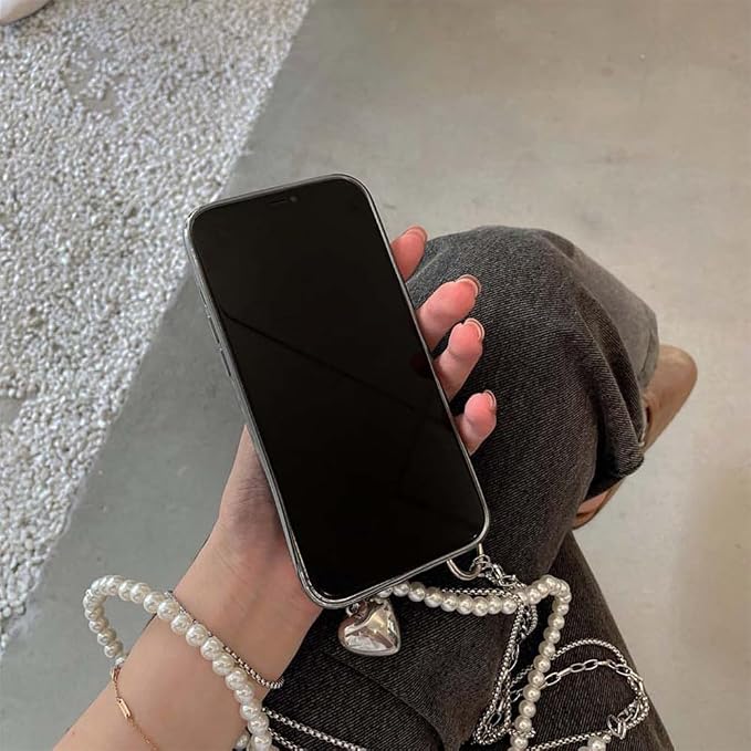 Phone Crossbody Lanyard Double Phone Lanyard,Pearl Chain&Metal Chain Double Universal Phone Strap with Phone Tether Patches for Most Phone(K)