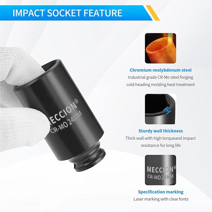Meccion 3/8 Inch Drive Impact Socket 1 inch SAE, 6 Point Cr-Mo Deep Socket, 63mm Length
