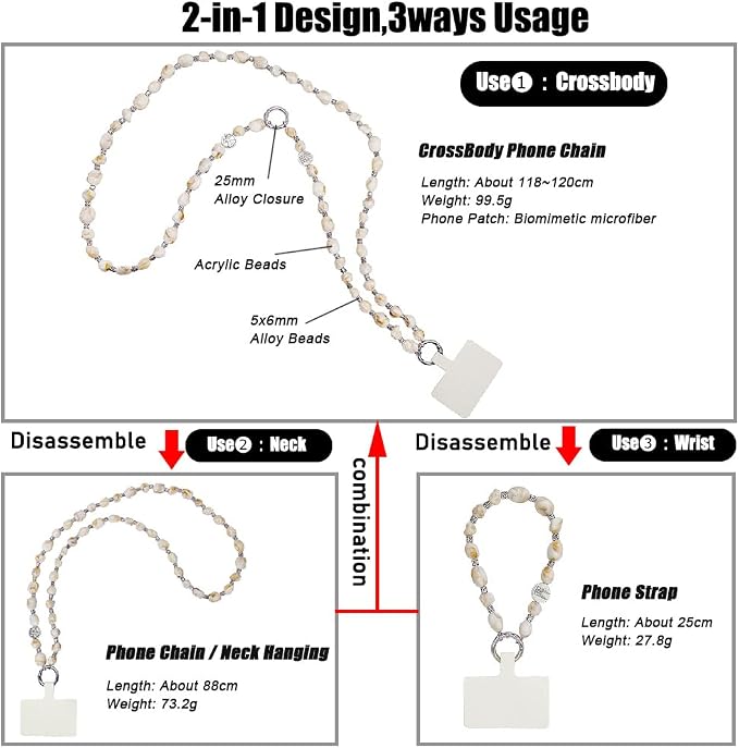 Phone Crossbody Strap, 2in1 Wrist Charm&Shoulder Lanyard,3Ways Usage free to Assembly and Disassembly Phone Strap with Tether Patches for Most Phones Bag Purse (L)