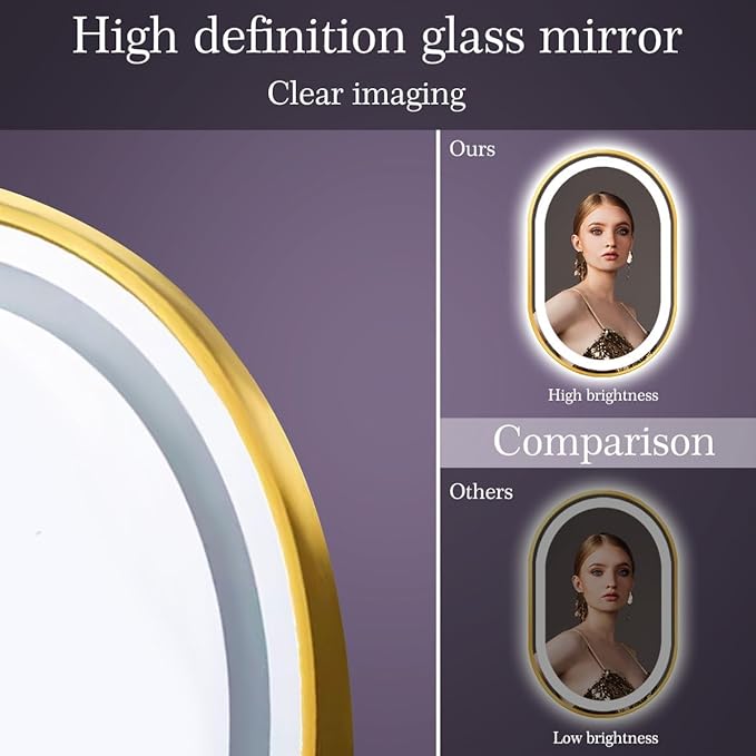 24 x 40 Inch Gold Oval LED Vanity Mirror with Lights Smart Memory 3 Color Dimmable Anti-Fog 40" Gold Framed Oval Lighted Mirror for Bathroom Salon Wall LED Ovals Mirror with Lights Frame