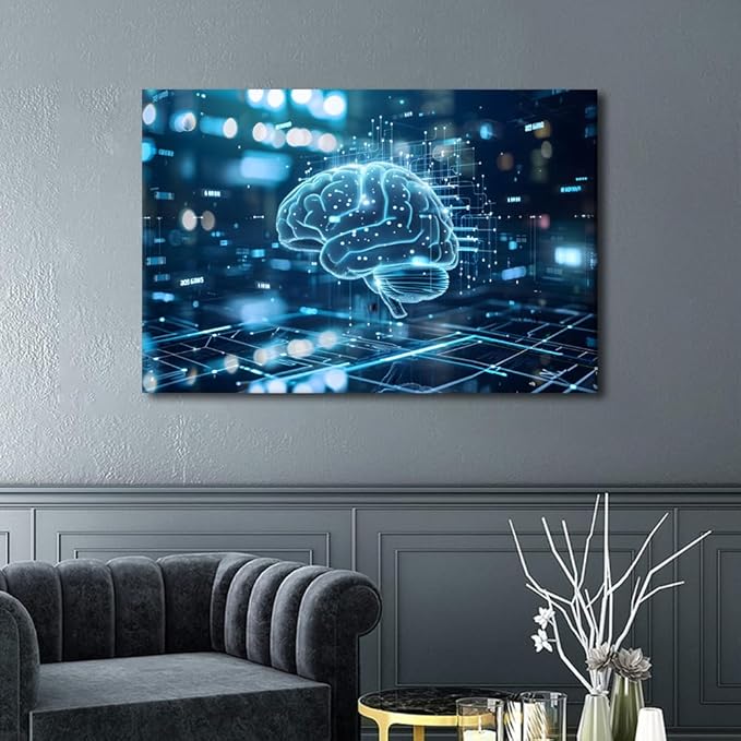 Neural Network Connections on Blue Digital Background Canvas Art Prints Bedroom Wall Decor Poster and Prints House Decorations Living Room Digital Human Brain Paintings Artwork 24"Wx36"Hx1 Panel