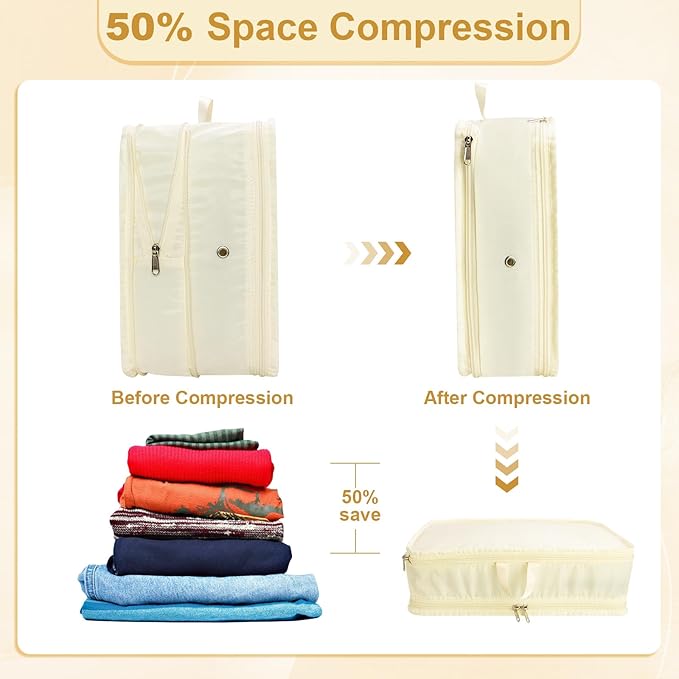 Extra Large Compression Packing Cubes for Travel Essentials, 2 Pack Expandable Travel Cubes for Packing Bags Suitcase Organizer, Beige