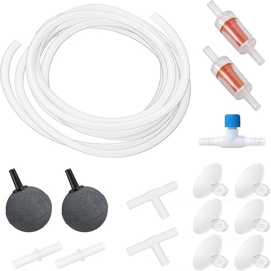 Aquarium Air Pump Accessories Kit with Standard Tubing, Air Stones, Check Valves, Suction Cups and Connectors.(10 Ft. Tubing/2 Air Stone)