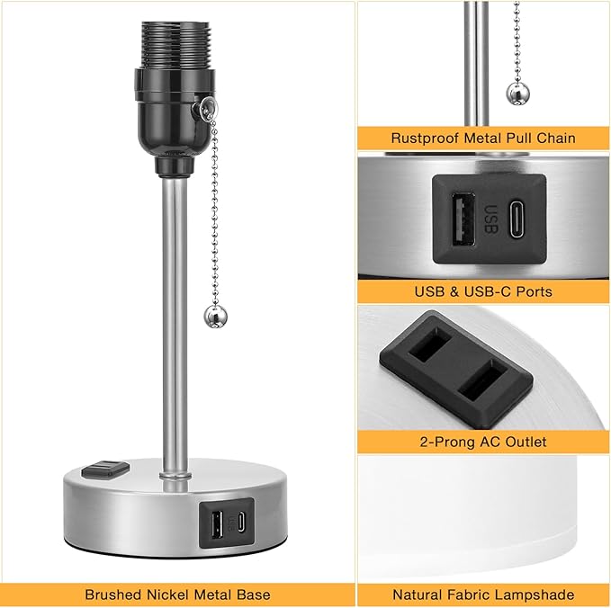 White Bedside Lamp for Bedroom - 3 Color Temperatures Desk Lamp with USB C and A Ports, Pull Chain Table Lamp with AC Outlet, Nightstand Lamp with Silver Metal Base for Kids Girls