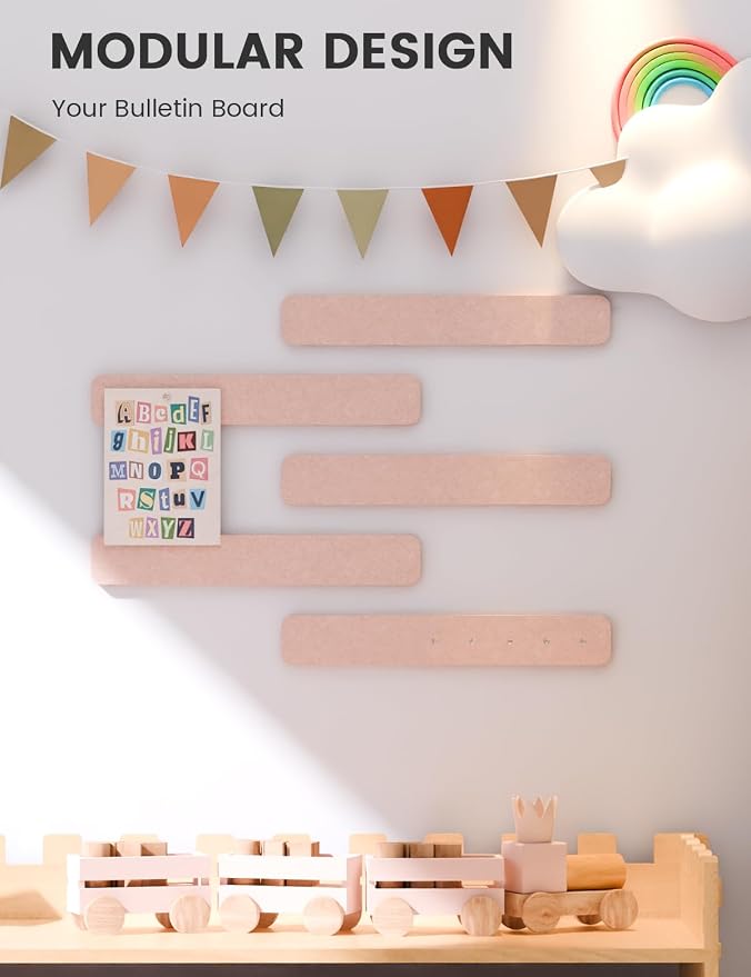 Fluxynara 13" x 2" Felt Wall Panels, Pink | 5-Pack Cork Board Alternative with 35 Push Pins, Adhesive Mounting for Bedroom Door or Home Office