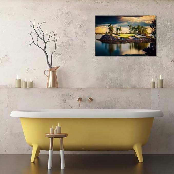 chenchenArt Sunset Landscape Golf Course Wall Art Picture Golf Course Wall Decor for Living Room Bedroom Bathroom Home Decorations Canvas Prints Framed Ready to Hang(12''H x 16''W)