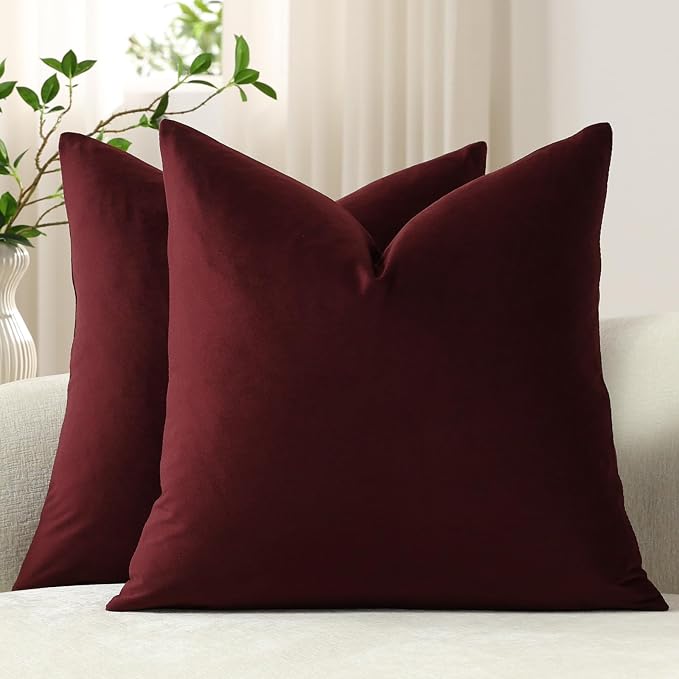 Throw Pillow Covers 16x16 Burgundy: Pack of 2 Cozy Soft Velvet Square Modern Luxury Decorative Throw Pillow Cases for Sofa Couch Living Room Bed Home Decor
