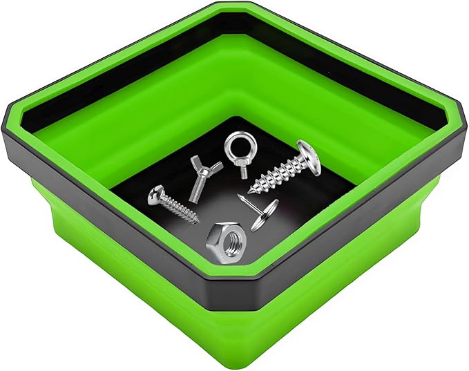 Collapsible Magnetic Parts Tray, 4.5" Square Silicone Metal Parts Organizer Double-Sided Magnet Bowl, Foldable Magnetic Tool Trays for Screws Bolts Nuts Washers Pins (Green)