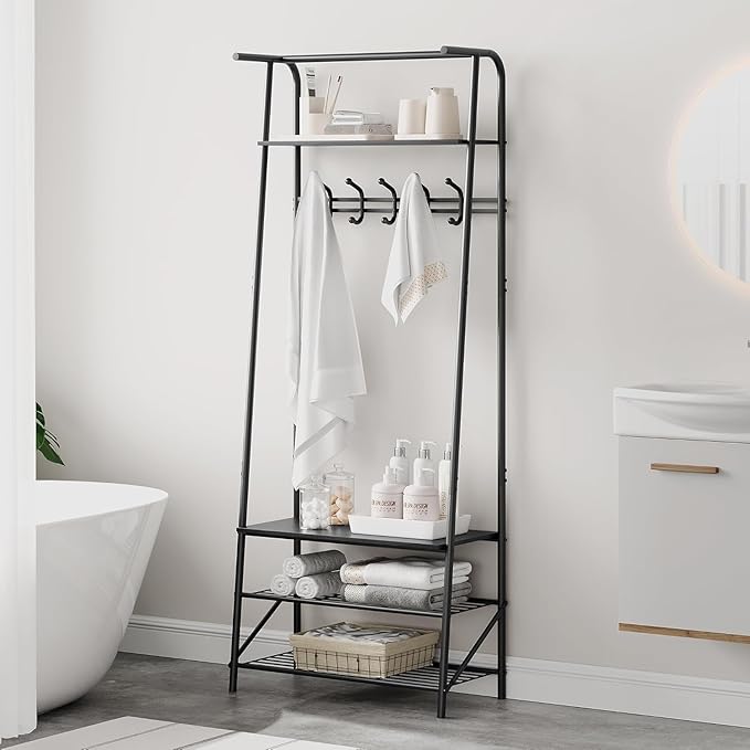 Hall Tree, Entryway Hall Tree with Shoe Rack, Coat Rack with Shoe Rack and Hooks, 25” Freestanding Metal Entryway Organizer with 4-Tier Storage Shelves for Hallway, Bathroom, Small Spaces