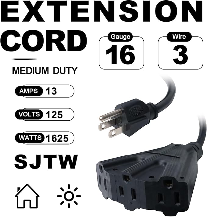 EP 50 Ft Outdoor Extension Cord with 3 Electrical Power Outlets - 16/3 SJTW Black Cable with 3 Prong Grounded Plug for Safety Great for Christmas Lights, Garden and Major Appliances