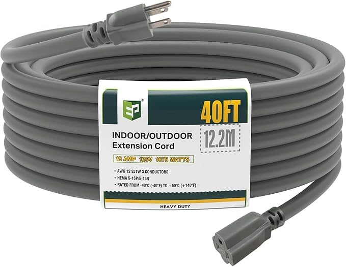 EP 12/3 40 FT Indoor Outdoor Grey Extension Cord Waterproof, 12 Gauge 3 Prong Power Cord Flexible Resistant Appliance Extension Cable Electric Cable Outside, 15A 1875W 12AWG SJTW, ETL Listed