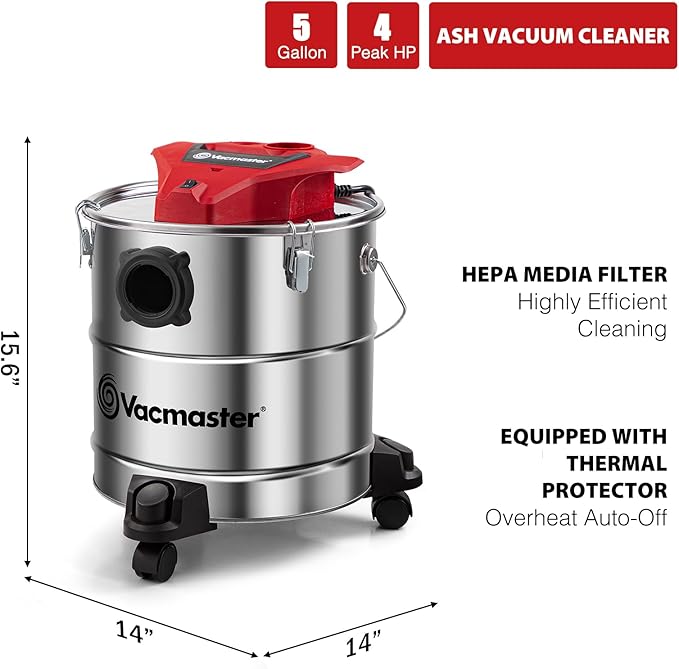 Vacmaster Vac EAV508S 1102 5-Gallon 3.5 Peak HP Premium Stainless Steel Ash Vacuum, Red Edition
