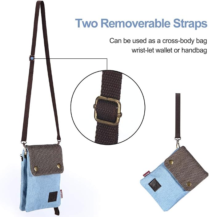 Dlames Canvas Small Cute Crossbody Cell Phone Purse Wallet Bag with Shoulder Strap for iPhone 15 Pro 14 Pro 13 Pro Galaxy S23 S22 S21 Google Pixel 5 4 3 - Blue