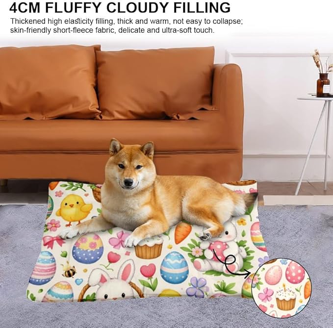Chew Resistant Dog Bed 24 × 18 Inch Floral Pastel Easter Bunny Egg Chick Dog Pads Small Crate Pad Stylish Crate Bed Washable Pup Cama De Perros Medianos One Pack Pet Pads Kennel Mat for Nap