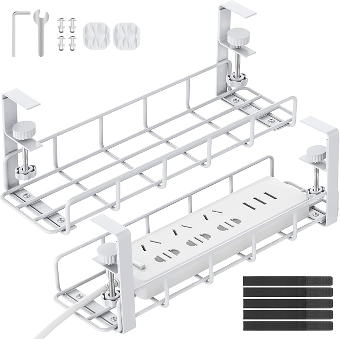 Under Desk Cable Management Tray, 31.5'' No Drill Heavy Duty Steel Cable Tray Organizers, Wire Management Tray Cable Rack with Clamp Mount, Adjustable Metal Under Desk Tray (White, 2 Pack)