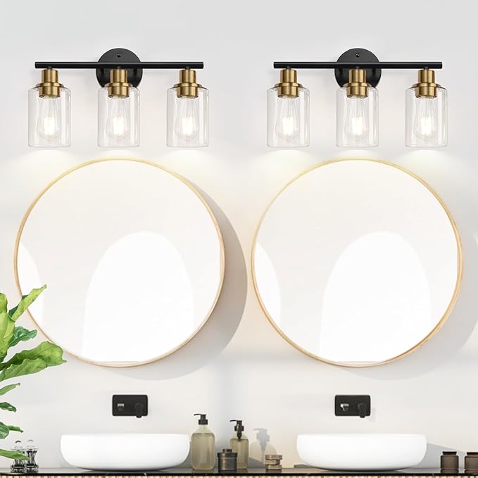 3-Light Bathroom Light Fixtures, Black and Gold Bathroom Wall Lights, Modern Vanity Light with Clear Glass Shade, Bathroom Wall Lamp for Mirror Kitchen Bedroom Hallway Cabinet