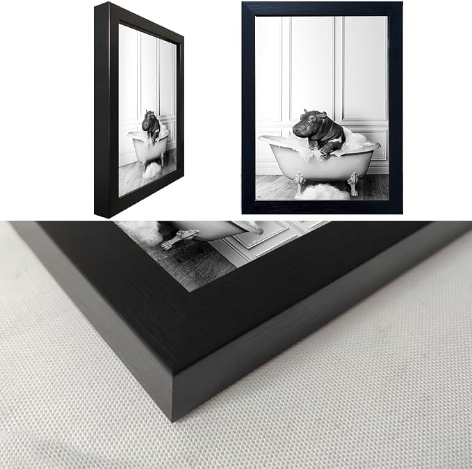 Framed Bathroom Decor Wall Art Black and White Canvas Print Cute Hippo in Bathtub Wall Art Bathrom Painting for Wall