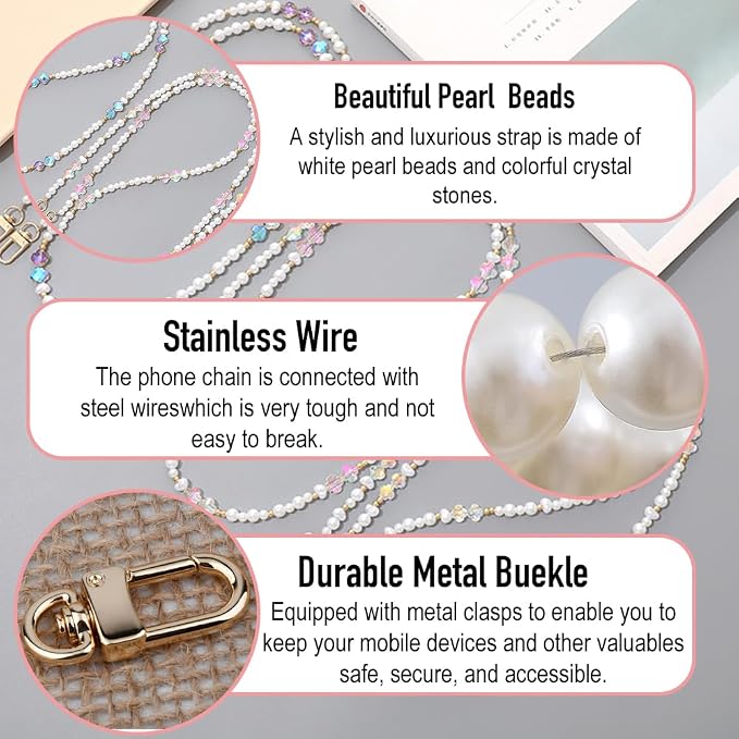 Phone Chain Crossbody Pearl Strap,Pearl Beaded Chain Shoulder Crossbody Lanyard with Phone Tether Patches Compatible with Most Phones Bag Purse (F)
