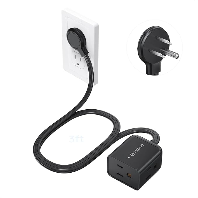 TROND Short Flat Extension Cord 3ft - Right Angled Flat Plug Power Strip, ETL Listed, 3 Plug Extension Outlets, Three Prong, 16 Gauge Wire, 13A, Small for Indoor Home Office Cruise Ship Travel, Black