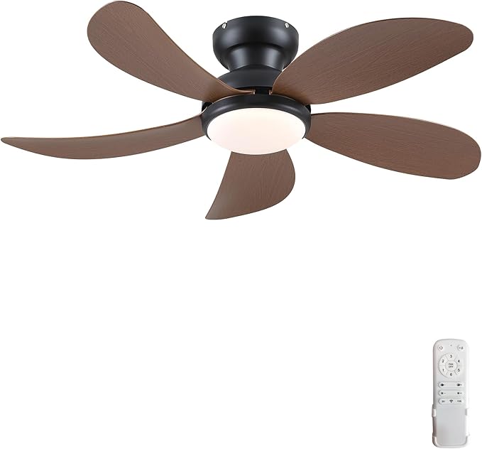 PHORUS Low Profile Ceiling Fans with Lights and Remote,42" Small Flush Mount Ceiling Fans with Quiet Reversible DC Motor, Dimmable 3 CCT,Brown
