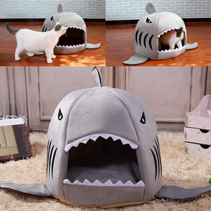 Shark Shaped Pet Dog Puppy Bed Warm Cat Bed House Nest for Autumn Winter Pink XS