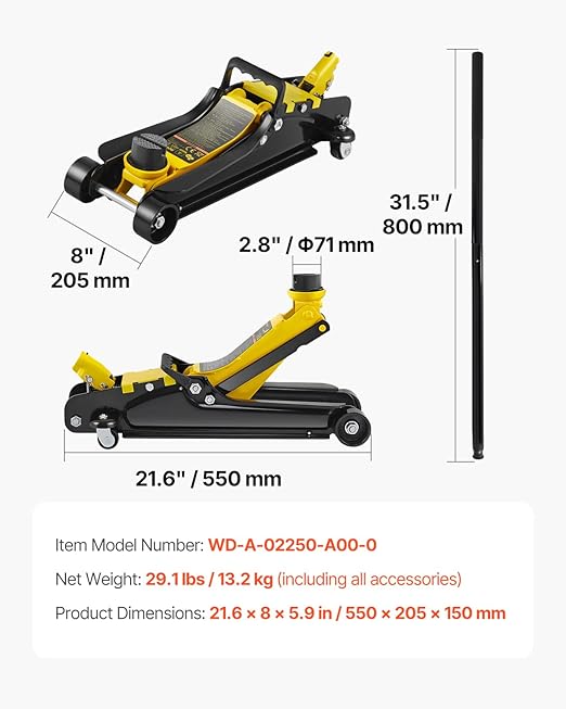 VEVOR 2.5 Ton Low Profile, Heavy-Duty Steel Racing Floor Jack with Single Piston Lift Pump, Lifting Range 3.35"-14.96"