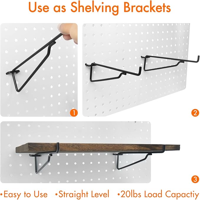 2 Pack Pegboard Shelves with Brackets, Peg Shelf Board with Hooks Fits 1/8" 1/4" Pegs Slots, Peg Board Organizer Accessories Various Tools Storage Arrange System for Garage Craft Workshop (Brown)