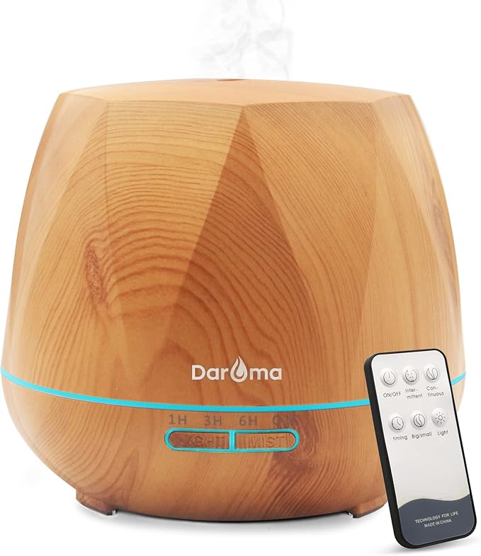 550ml Essential Oil Diffuser, DAROMA Upgraded Remote Control 6 in 1 Aromatherapy Ultrasonic Cool Mist Humidifier, 7 Color Changing Mood Lights & Waterless Auto-Off for Home Office Gift, Light Wood