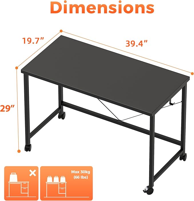 Mericonia 39x20 Inch Computer Desk with Wheels, Small Simple Rolling Desk | Writing Table for Home Office Bedroom Work Study, Black