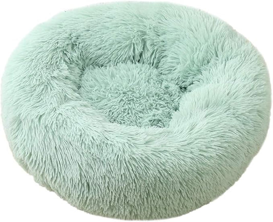 Calming Faux Fur Dog Beds Calming Donut Cuddler Dog Bed Washable Round Cat Bed Pillow Cuddler Fluffy Indoor Dog Calming Beds with Anti Slip Bottom Solid Color Green Blue 39 Inch