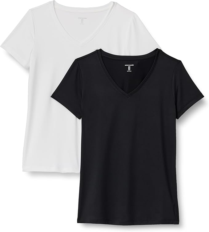 Amazon Essentials Women's Active Quick Dry Tech Stretch Short-Sleeve V-Neck T-Shirt (Available in Plus Size), Pack of 2
