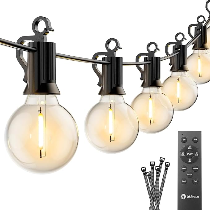 Brightown 38Ft Outdoor String Lights with Remote & 15 Shatterproof LED Bulbs - Waterproof Patio Hanging Lamps for Porch Balcony Bistro Cafe