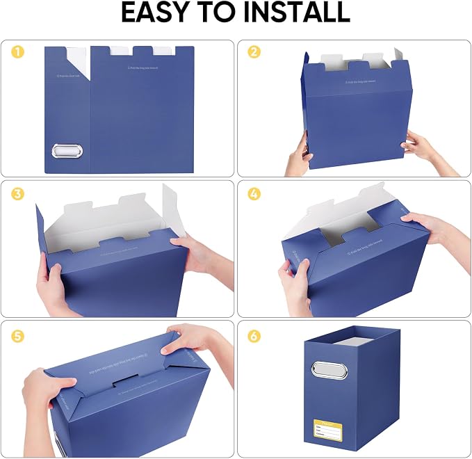 BALEINE File Organizer Box, Cardboard File Folder Organizer with Handle for Letter Size, Portable Collapsible Hanging Filing Box for Home Office Document Storage (4 Pack, Navy)