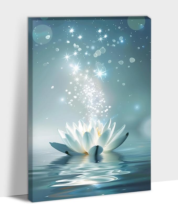 Zen White Lotus Flower Canvas Wall Art, Lotus Flower Pictures Bathroom Zen Print, Spiritual Water Lily Canvas Prints, Lotus Bloom on Water Poster, Zen Calm Relax Artwork for Yoga Spa Room 12x18 inch