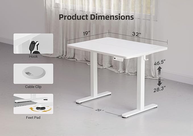 YDN 32 x 19 Inch White Electric Standing Desk | Adjustable Height, Sit Stand, Cable Management, Ergonomic, Home Office