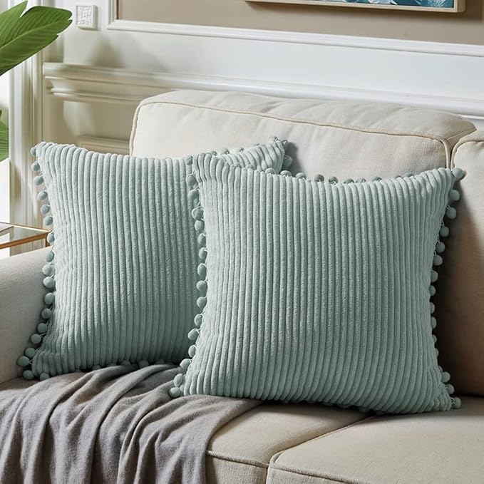 Fancy Homi Pack of 2 Farmhouse Boho Decorative Throw Pillow Covers with Pom-poms, Soft Corduroy Solid Square Cushion Cases Set for Couch Sofa Bedroom Car Living Room (20x20 Inch/50x50 cm, Grey Blue)