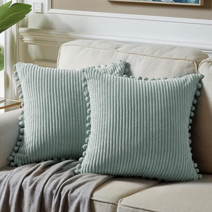 Fancy Homi 24x24 Pillow Covers, Pack of 2 Grey Blue Throw Pillow Covers with Pom-poms, Super Soft Corduroy Square Solid Cushion Cover for Couch Sofa Bedroom Living Room 60x60 cm