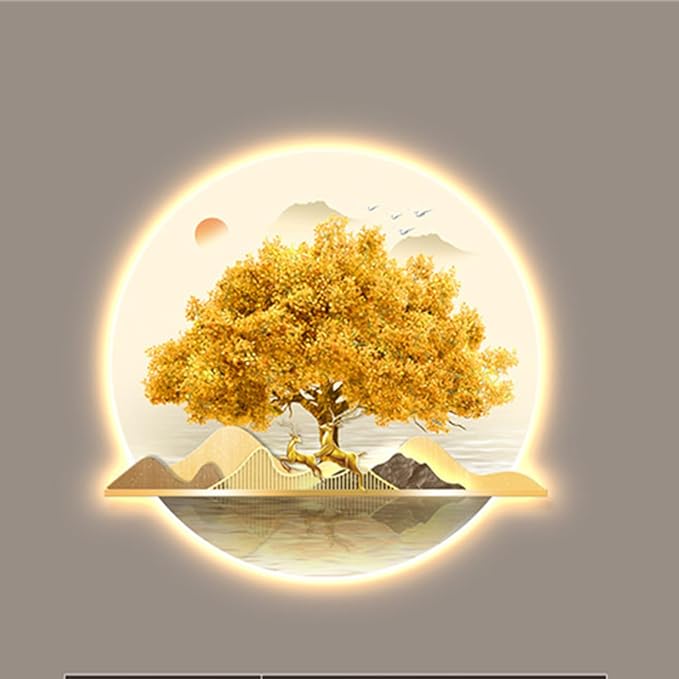 Bubinblau D,80 * 96cm, Mountain Tree Wall Art with Led Light, Zen Wall Art Decor, Luminous Wall Sculptures Painting, for Study Room, Dining Room, Living Room, Tea Room