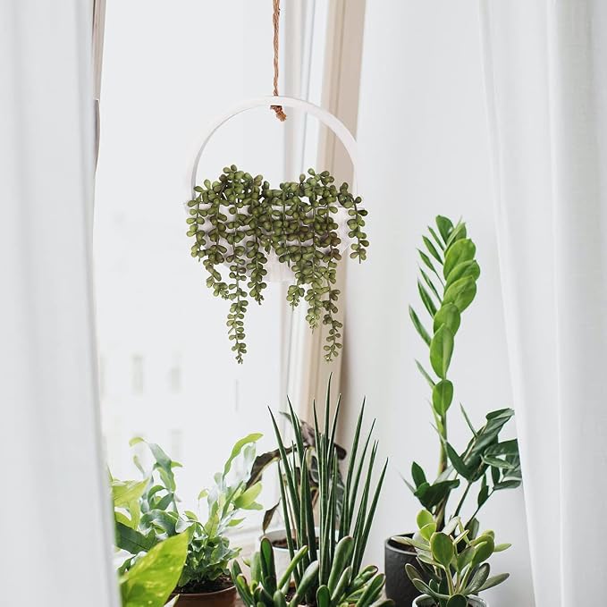 2pcs Artificial Succulents Hanging Plants 12.2'' Fake String of Pearls in Pot with 8.3'' Lanyard for Indoor Outdoor Wall Decor.