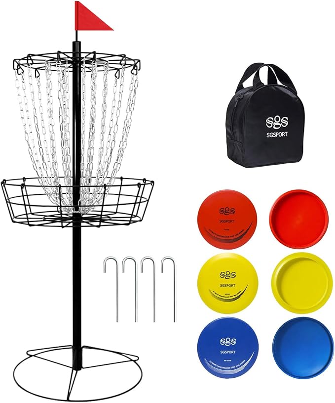 Disc Golf Basket - Portable Disc Golf Target with Heavy Duty 24-Chains Come with 6pcs Disc Golf Discs and Carry Bag, Ground Stake -Suitable for Players of All Levels - Multi Color Available
