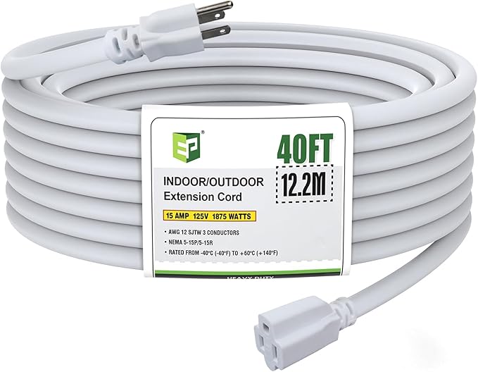 EP 12/3 40 FT Indoor Outdoor White Extension Cord Waterproof, 12 Gauge 3 Prong Power Cord Flexible Resistant Appliance Extension Cable Electric Cable Outside, 15A 1875W 12AWG SJTW, ETL Listed