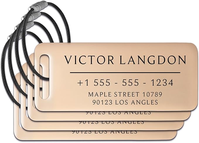 Personalized Luggage Tags for Suitcases 4 Pack - Stainless Steel Custom Luggage Tags for Backpacks & Bags, Sturdy, Waterproof & Heavy Duty (Rose Gold / 3" x 1.25")