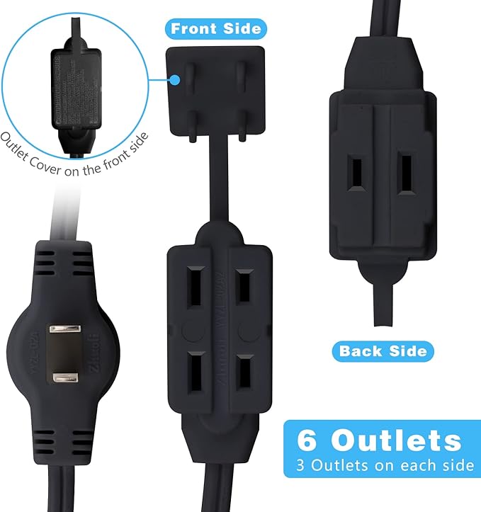 K Kasonic 12 Feet Twin Extension Cord Power Strip, 6 Feet on Each Side, Flat Head Outlet Plug,6 Polarized Outlets with Safety Cover, Double Extension Cord Splitter for Indoor Use, ETL Listed (Black)